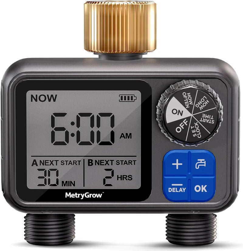 MetryGrow Sprinkler Timer, Programmable Irrigation Water Timer with 2 Brass Inlet for Garden Hose, Automatic Watering System for Yard Lawn, Rain Delay - Image 1
